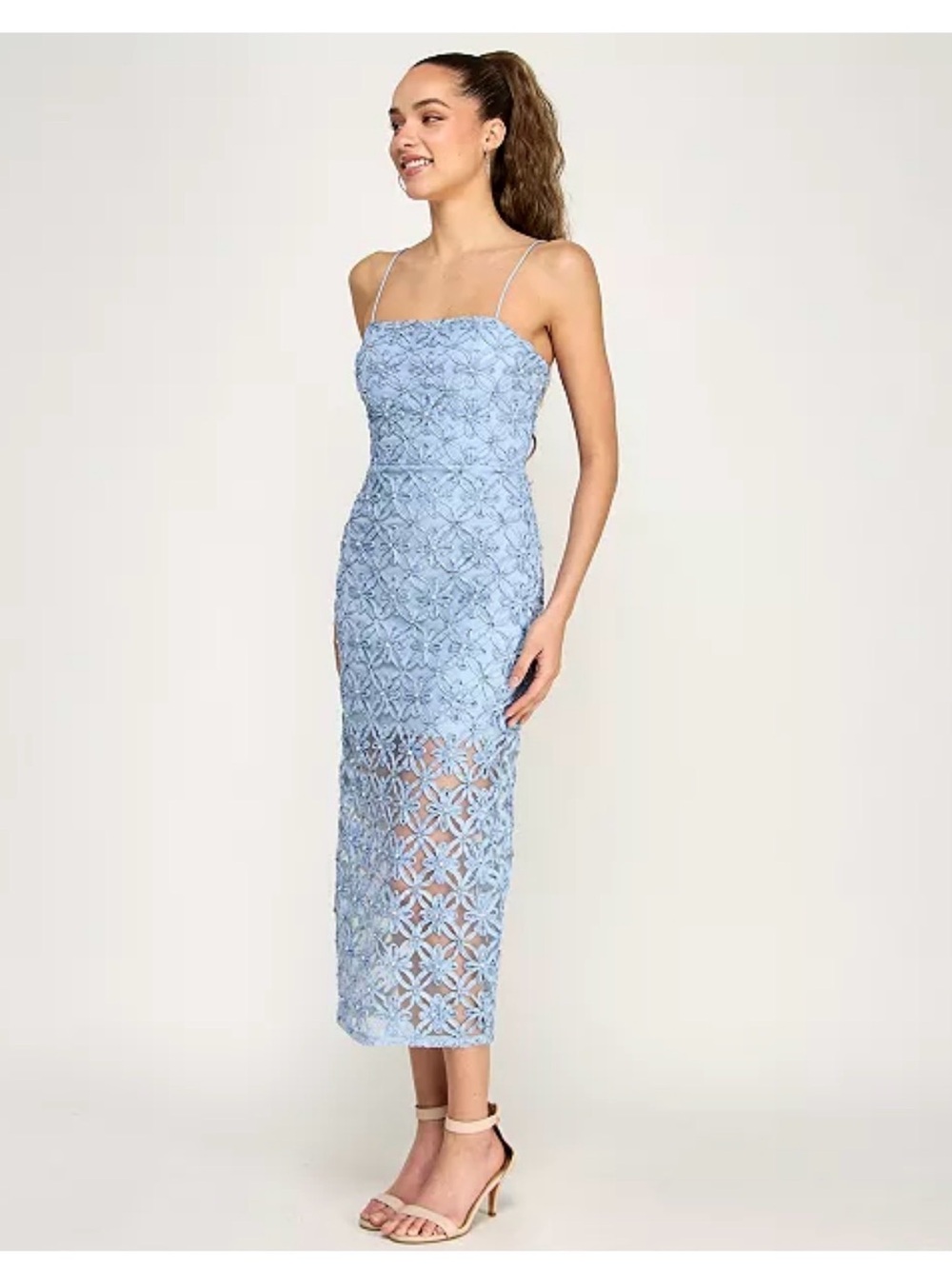 Sky Blue Lace Midi Dress with Spaghetti Straps
